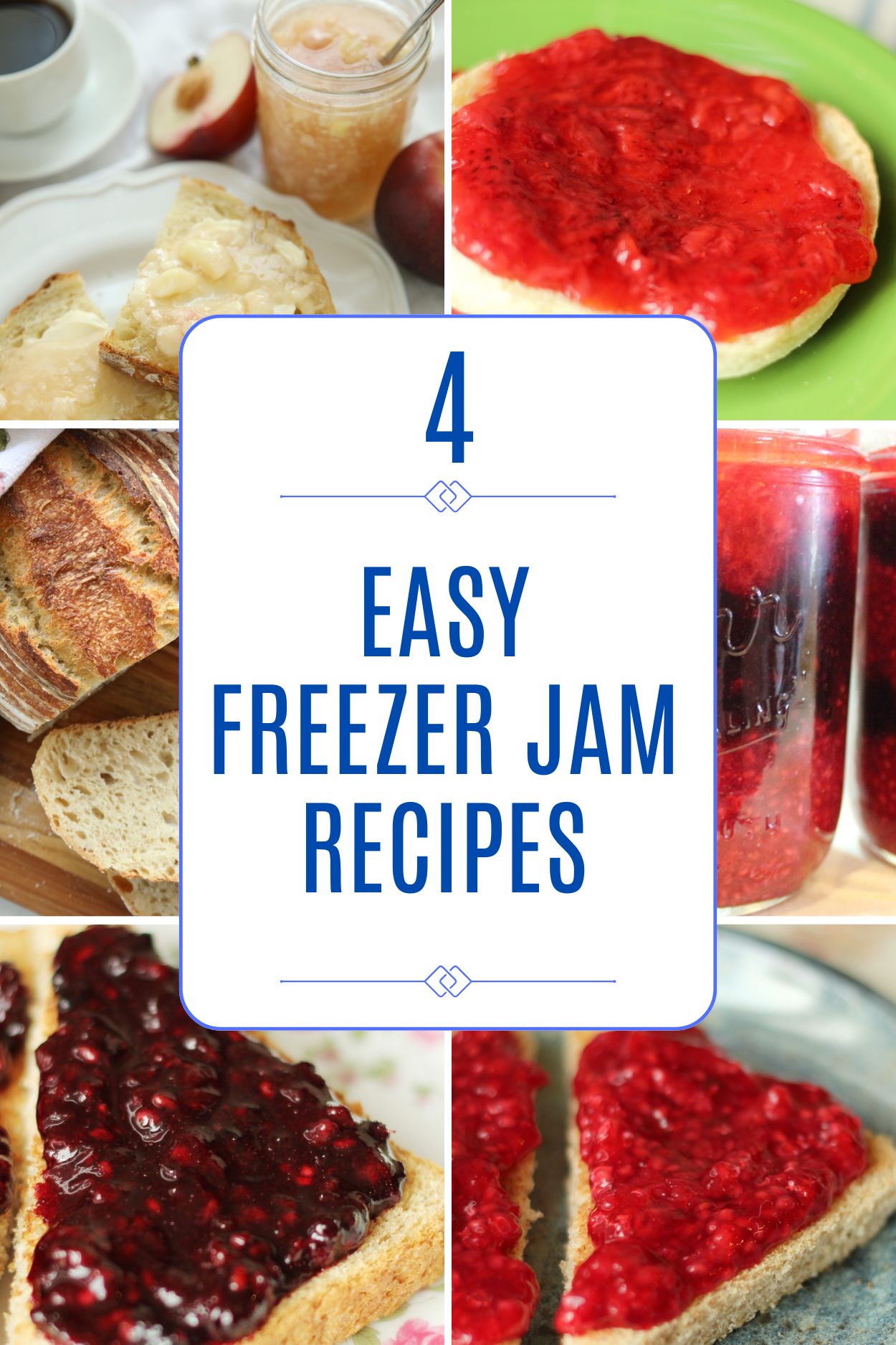 A collage of four easy freezer jam recipes showing white nectarine jam on toast with fresh nectarines, strawberry jam on an English muffin, a jar of raspberry jam, blackberry jam on toast, and sliced sourdough bread.