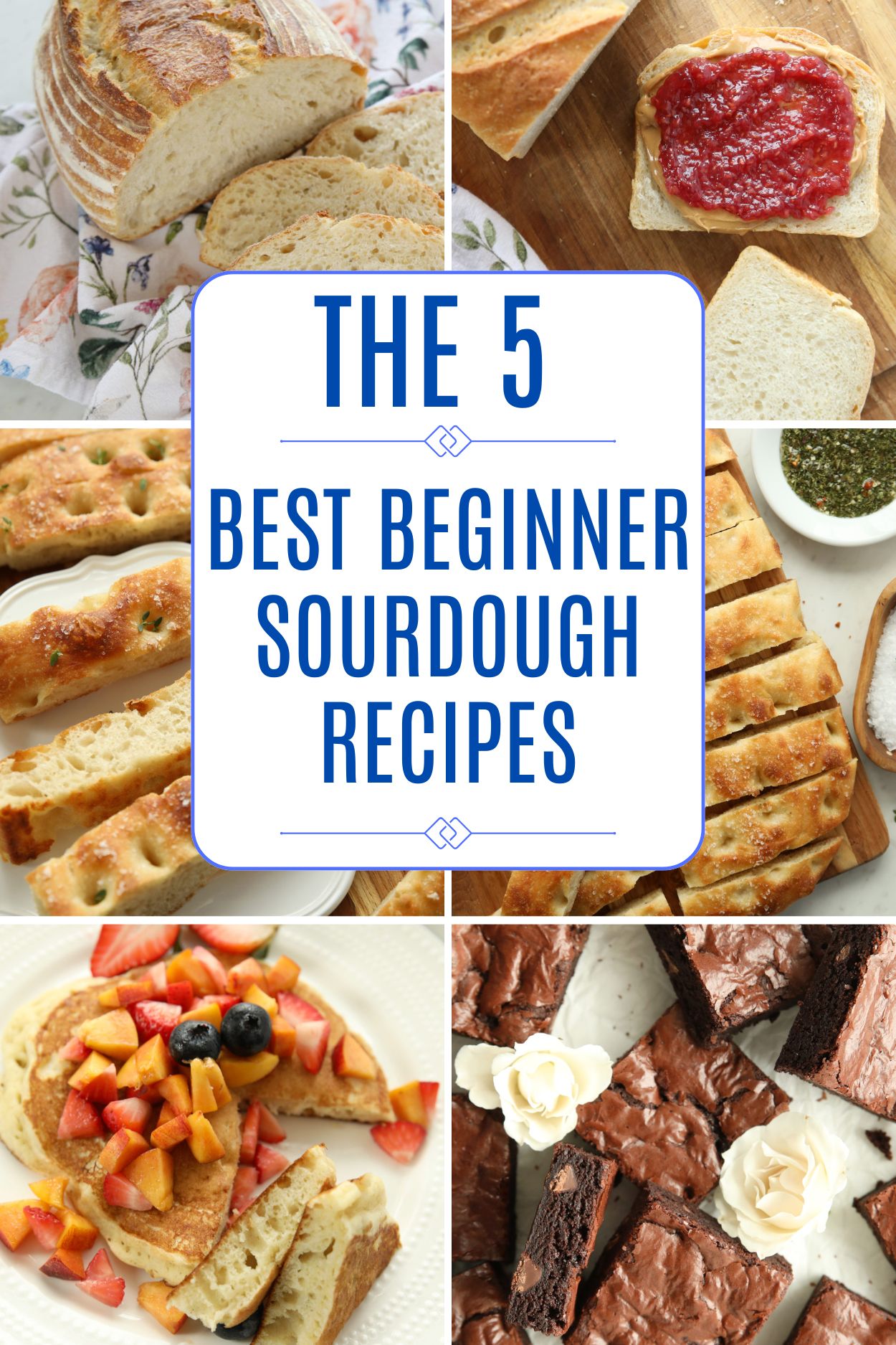 A collage of five beginner sourdough recipes including artisan loaf, sandwich bread, focaccia, discard pancakes with fresh fruit, and fudgy discard brownies with the text "The 5 Best Beginner Sourdough Recipes