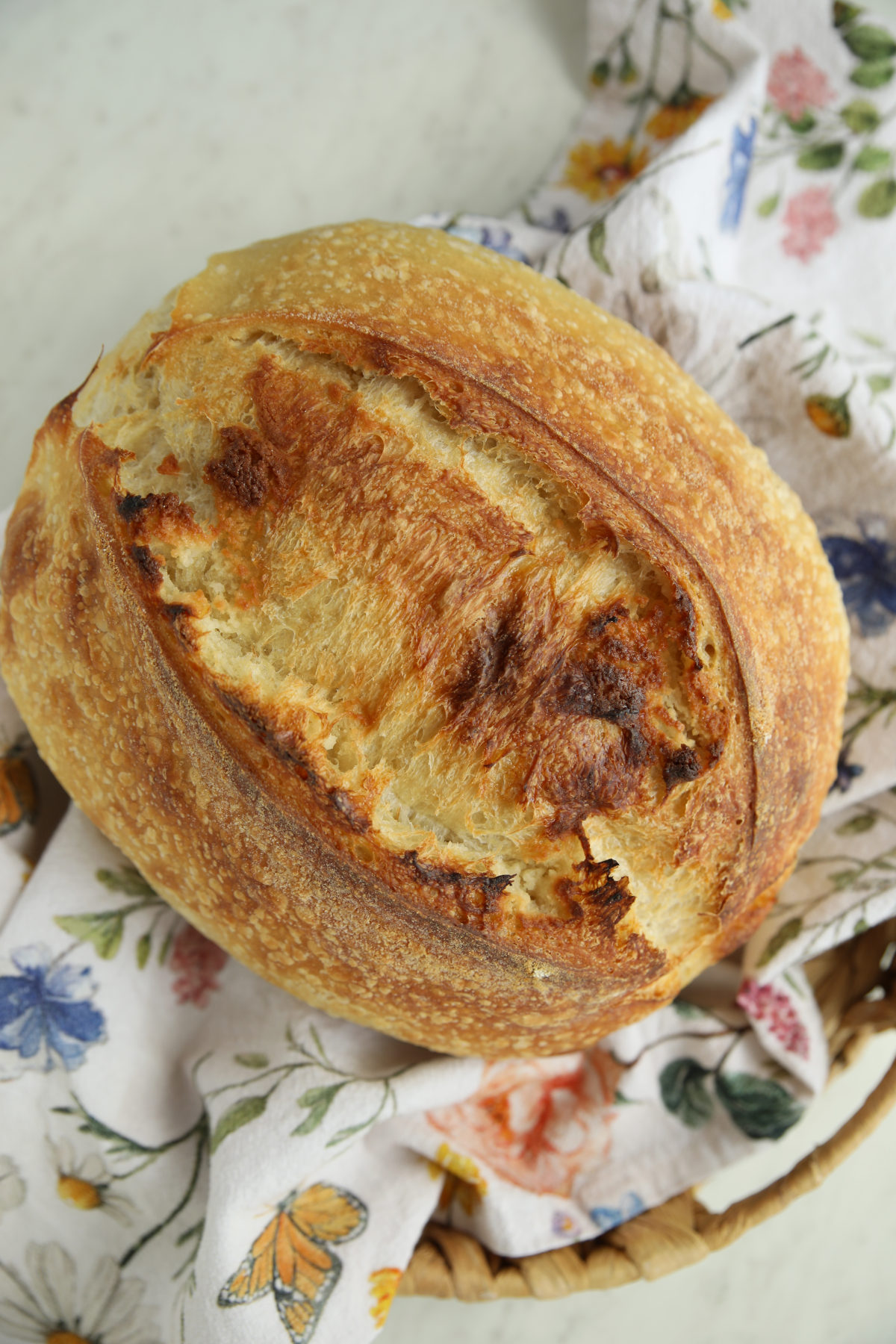 Whole baked marzipan sourdough bread loaf with a deep golden crust, resting in a basket lined with a floral cloth napkin
