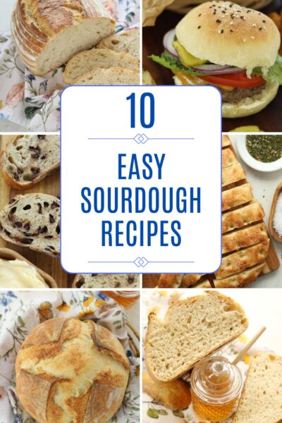 A collage of ten easy sourdough bread recipes including a sliced artisan loaf, a sesame hamburger bun, chocolate chip swirl bread, herbed focaccia, a golden boule, and a honey-drizzled whole wheat slice with the text "10 Easy Sourdough Recipes"